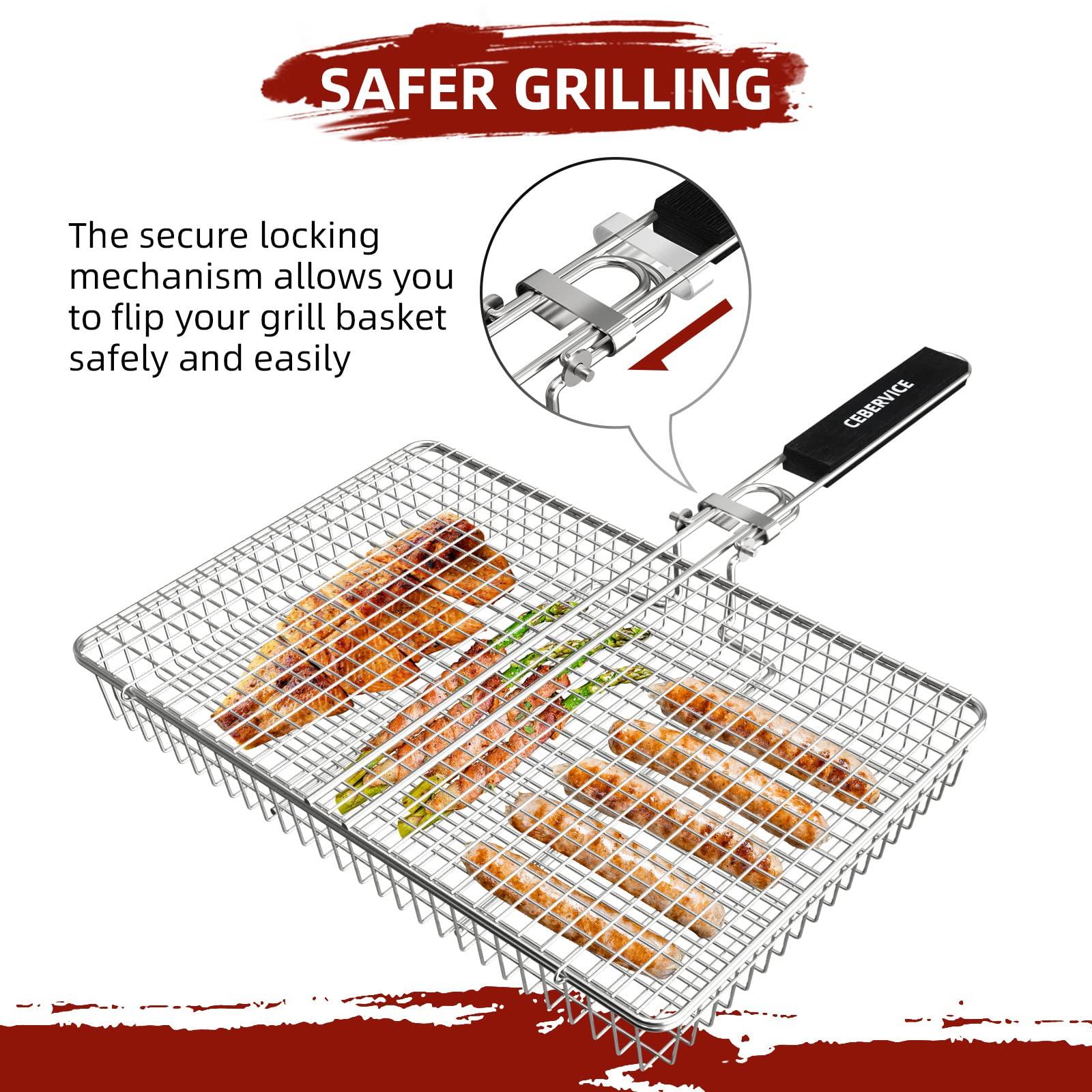 CEBERVICE Grill Basket Extra Large, SUS304 Stainless Steel, Portable Folding BBQ Camping Grilling Rack for Fish, Vegetables, Shrimp, Barbeque Griller Cooking Accessories, Grilling Gifts for Men, Dad - CookCave