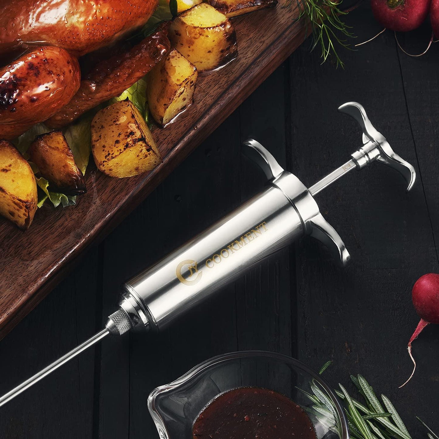 JY COOKMENT Meat Injector Syringe 2-oz Marinade Flavor Barrel 304 Stainless Steel with 3 Professional Needles 2 Cleaning Brushes and 4 Silicone O-Rings - CookCave