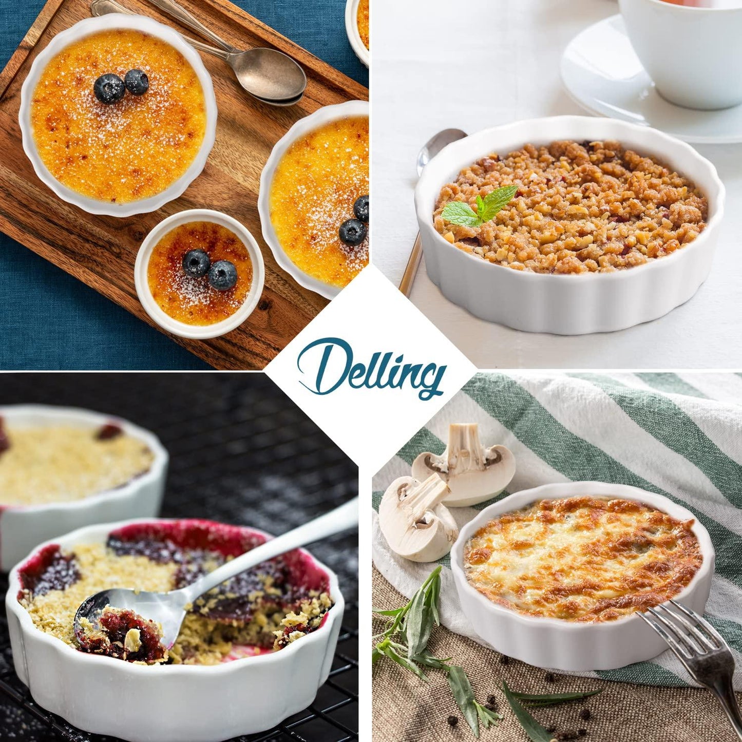 Ramekins 8 oz-Delling Creme Brulee Ramekins, Round Fluted Quiche Dishes Tart Pan, Oven Safe Ramekins for Baking, Souffle, Ramekins Set of 6, White - CookCave