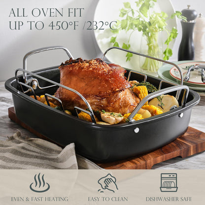 KITESSENSU Nonstick Turkey Roasting Pan with Rack 17 x 14 inch - Large Chicken Roaster Pan for Oven - Wider Handles & Heavy Duty Construction - Suitable for 24lb Turkey, Gray - CookCave