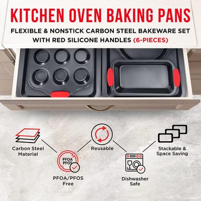 Baking Set – 6 Piece Kitchen Oven Bakeware Set – Deluxe Non-Stick Black Coating Inside and Outside – Carbon Steel – Red Silicone Handles – PFOA PFOS and PTFE Free by Bakken - CookCave