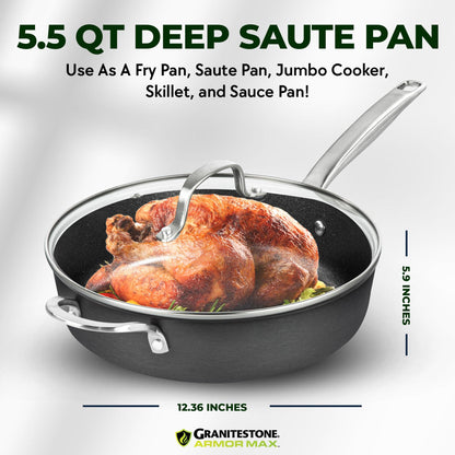 Granitestone Armor Max 5.5 Quart.Sauté Pan with Lid - 12 Inch Non Stick Deep Frying Pan with Lid, Large Frying Pan, Oven Safe Skillet with Lid, Multipurpose Jumbo Cooker, Stovetop/Dishwasher Safe - CookCave