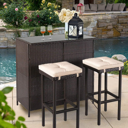 SOLAURA 3-Piece Outdoor Patio Bar Set Black Brown Wicker Bar Table Set Patio Furniture and Two Stools with Cushions for Backyards, Lawn, Garden, Deck, or Poolside - CookCave