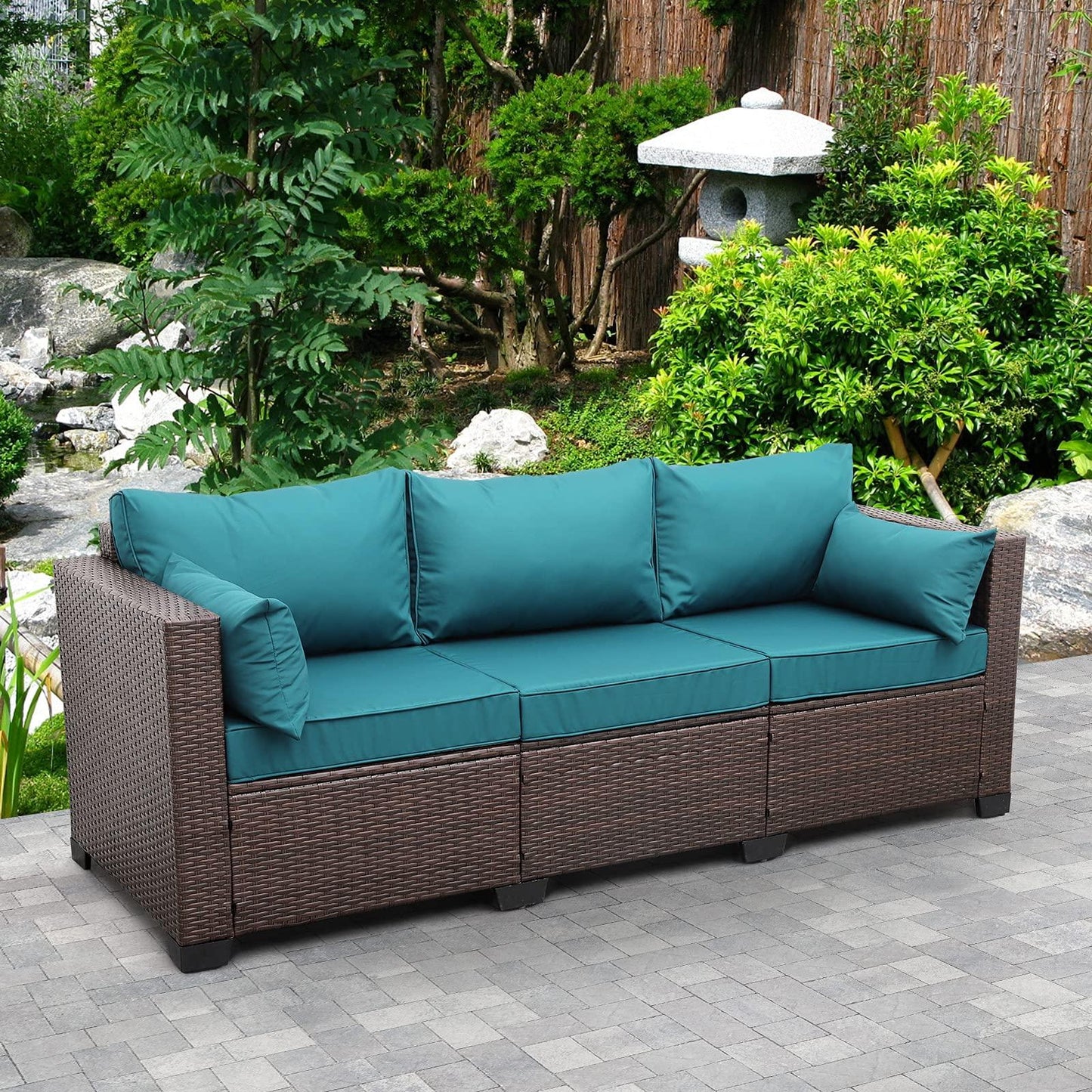 Valita 3-Seat Patio PE Wicker Couch Furniture Outdoor Brown Rattan Sofa with Washable Peacock Blue Cushions - CookCave