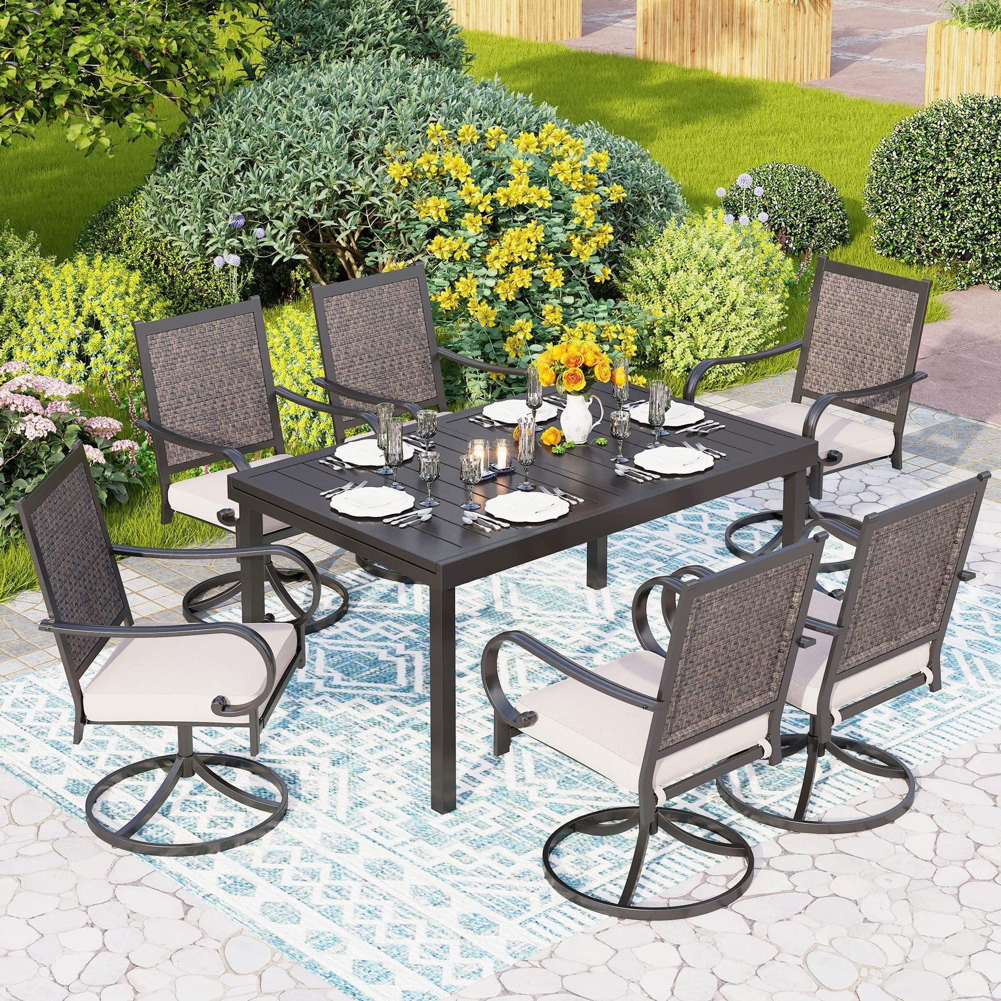 PHI VILLA 7 Pieces Wicker Furniture Dining Set Patio Expandable Dining Table Set of 7 Rattan Swivel Dining Chairs with Cushion for Outdoor Bistro(7 Pieces) - CookCave