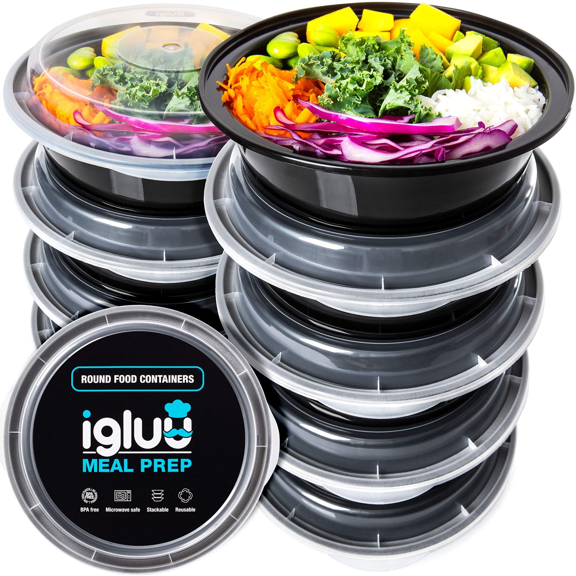 Igluu Meal Prep Round Plastic Containers - New Improved Lid - Reusable BPA Free Food Containers with Airtight Lids - Microwavable, Freezer and Dishwasher Safe - Stackable Salad Bowls - [10 Pack, 28oz] - CookCave