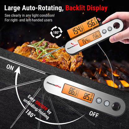 ThermoPro TP610 Digital Meat Thermometer for Cooking, Rechargeable Instant Read Food Thermometer with Rotating LCD Screen, Waterproof Cooking Thermometer with Alarm for Grilling, Smoker, BBQ, Oven - CookCave