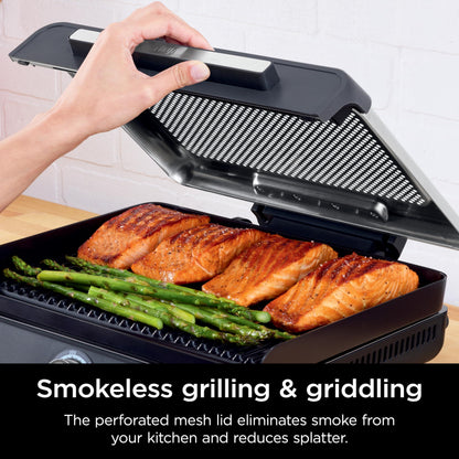 Ninja GR101 Sizzle Smokeless Indoor Grill & Griddle, 14'' Interchangeable Nonstick Plates, Dishwasher-Safe Removable Mesh Lid, 500F Max Heat, Even Edge-to-Edge Cooking, Grey/Silver - CookCave