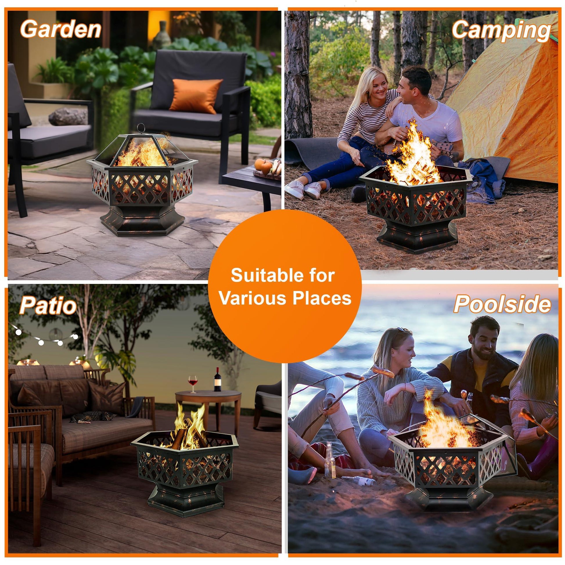 F2C Hex-Shaped Fire Pit with Fire Picker for Garden 24 Inch Wood Burning Bonfire Firebowl Outdoor Portable Steel Firepit with Flame-Retardant Mesh Lid for Patio Backyard Garden Beach Camping Picnic - CookCave