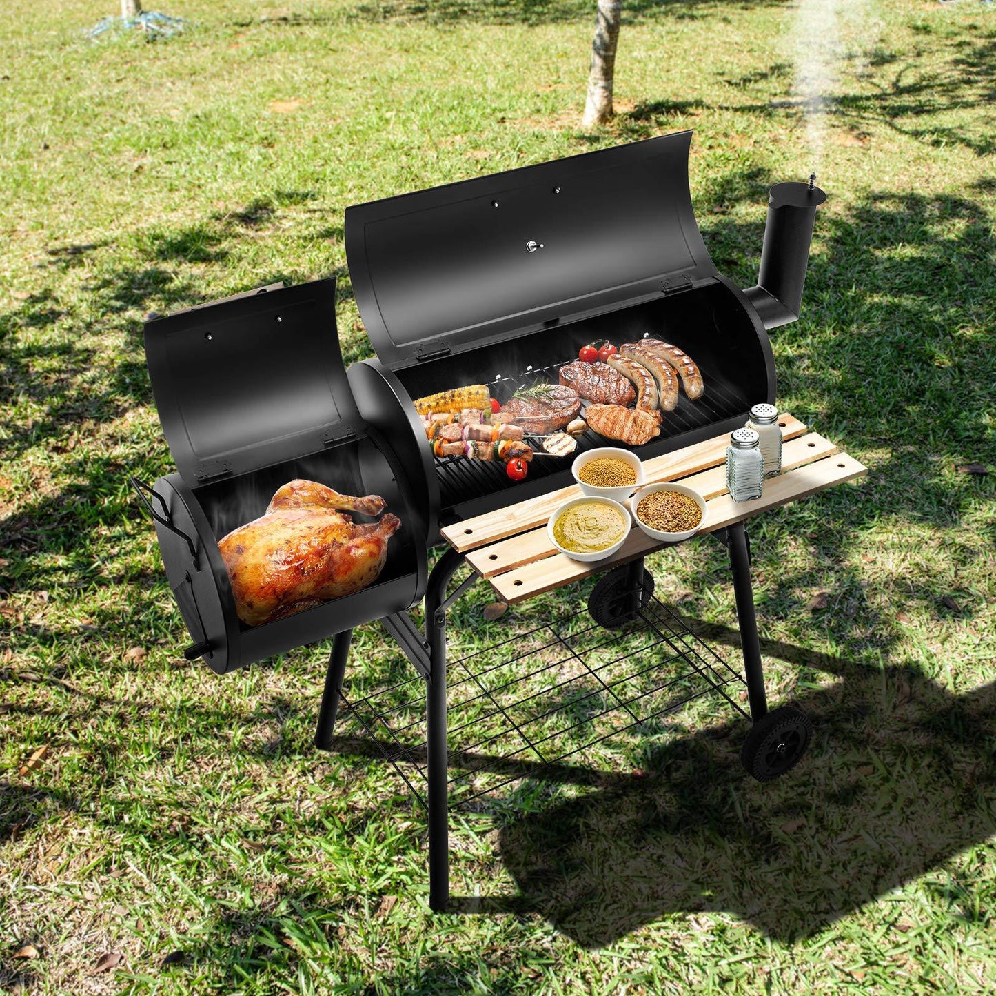 Giantex BBQ Charcoal Grill with Offset Smoker, Thermometer and Adjustable Damper, Meat Cooker Smoker for Backyard Family Gathering and Outdoor Picnic, 2 Moveable Wheels, 2 Shelves and Wooden Handles - CookCave