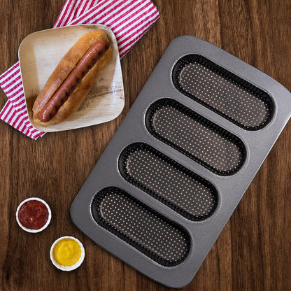 Yomvzake Hot Dot Bun Pan Set of 2, Perforated Carbon Steel Non-Stick Hotdog Bun Mold Bread Forms Crispy Mini Baguette Sandwich Baking Tray for Hot Dog Bun Rolls - CookCave