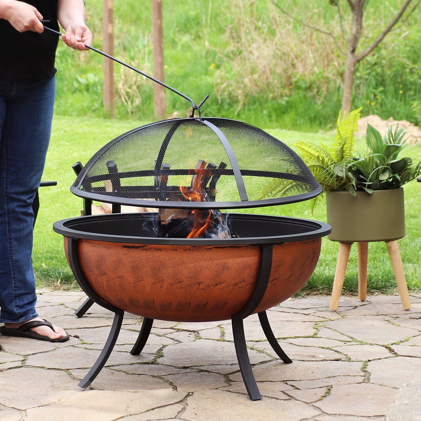 Sunnydaze 32-Inch Steel Fire Pit Bowl - Includes Spark Screen, Wood Grate, and Poker - High-Temperature Copper Finish - CookCave