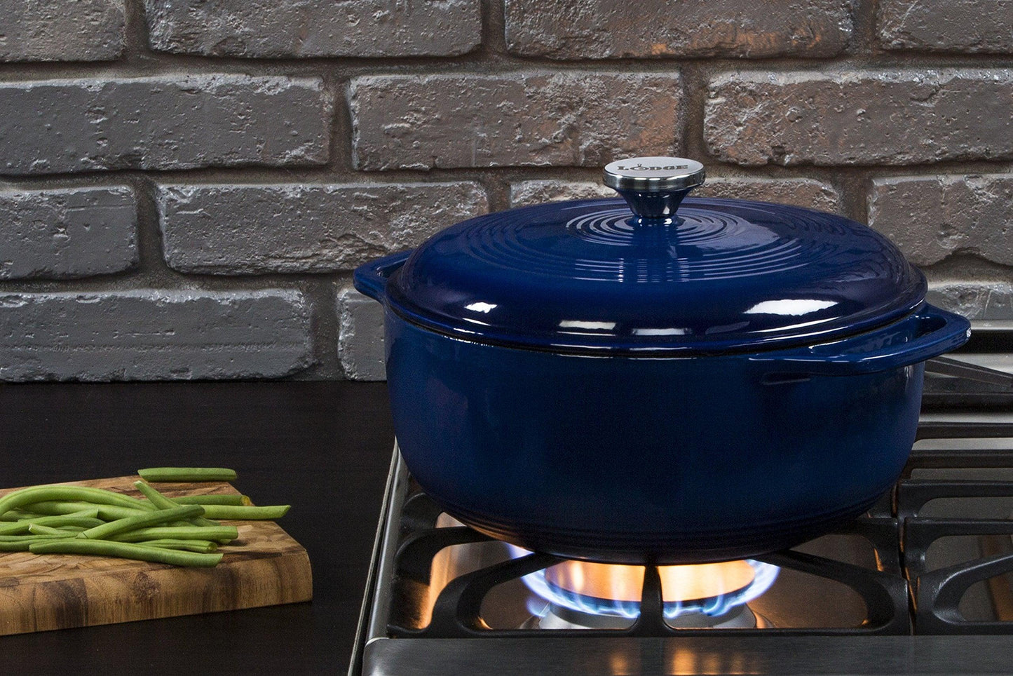 Lodge 6 Quart Enameled Cast Iron Dutch Oven with Lid – Dual Handles – Oven Safe up to 500° F or on Stovetop - Use to Marinate, Cook, Bake, Refrigerate and Serve – Indigo - CookCave