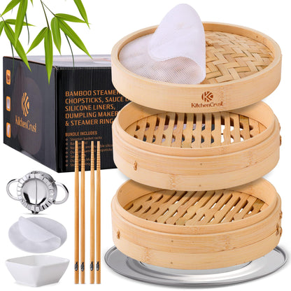 KITCHENCRUST Bamboo Steamer Basket for Chinese Asian Cuisine - 2 Tier 10-Inch Steaming Basket Bun Vegetable Steamer, Dumpling Steamer bamboo steam basket, Sauce Dish, Chopsticks, Reusable Liners, Ring - CookCave