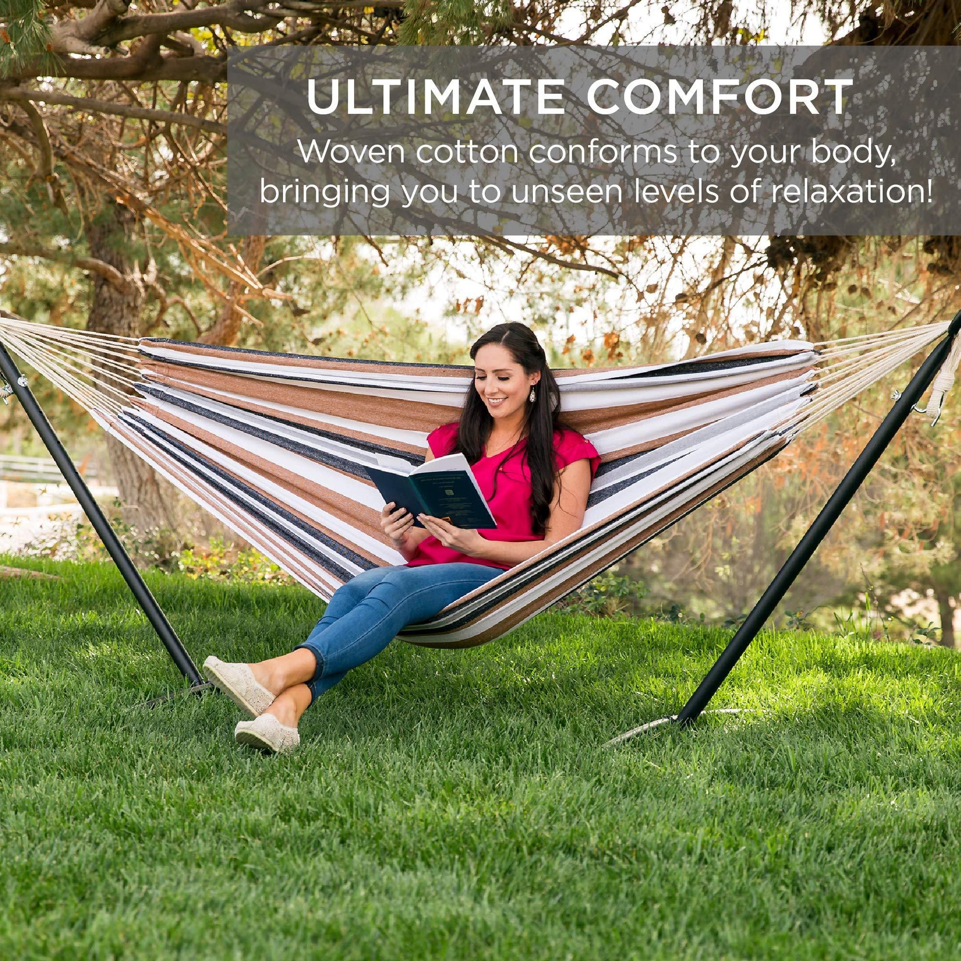 Best Choice Products Portable Indoor Outdoor 2-Person Cotton Double Hammock Set w/ Steel Stand and Storage Case, Desert Stripes - CookCave