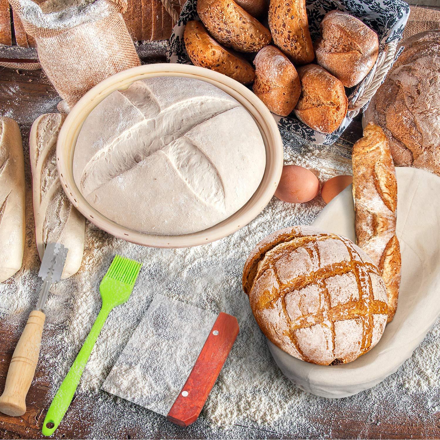 RORECAY Bread Banneton Proofing Basket Set of 2, 9 Inch Round & 10 Oval Cane Sourdough Baskets with Lame + Dough Scraper Linen Liner Basting Brush for Making Baking Fermentation - CookCave