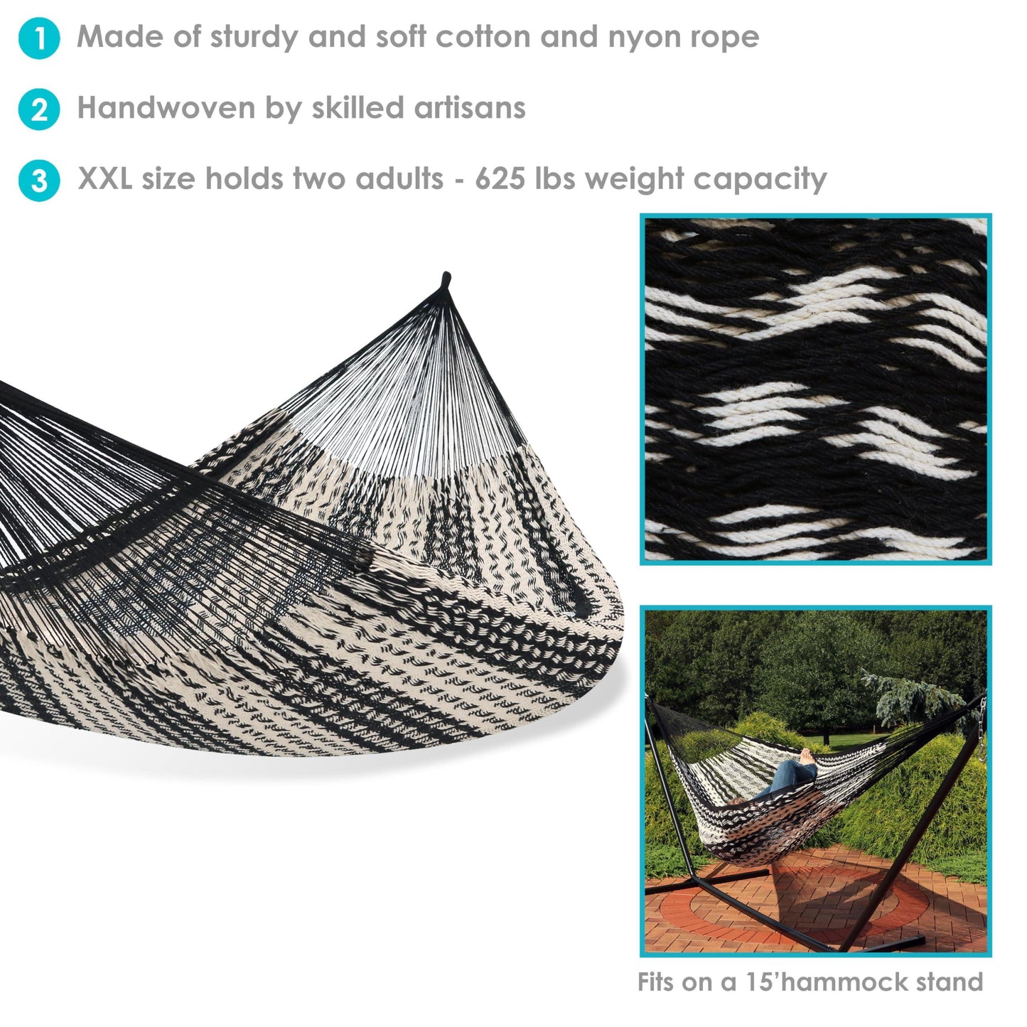 Sunnydaze Handwoven XXL Thick Cord Mayan Family Hammock - 625-Pound Capacity - Black/Natural - CookCave