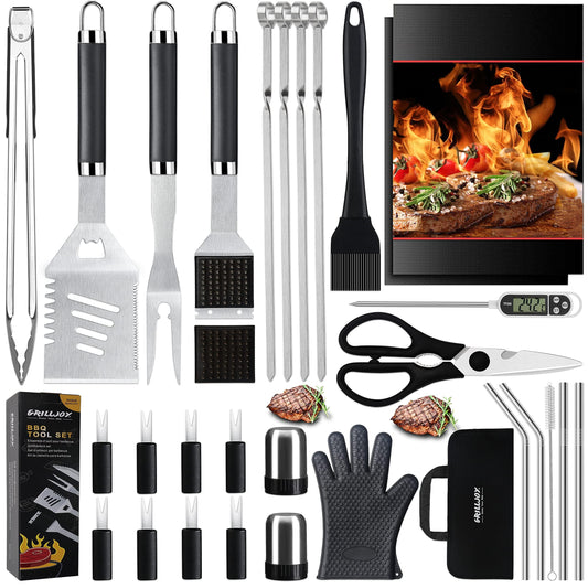Grilljoy 31PC BBQ Grill Accessories Set, Heavy Duty BBQ Tools Set for Men & Women Gift, Grill Utensils kit with Scissors, Grilling Accessories with Storage Bag for Smoker, Camping Barbecue - CookCave