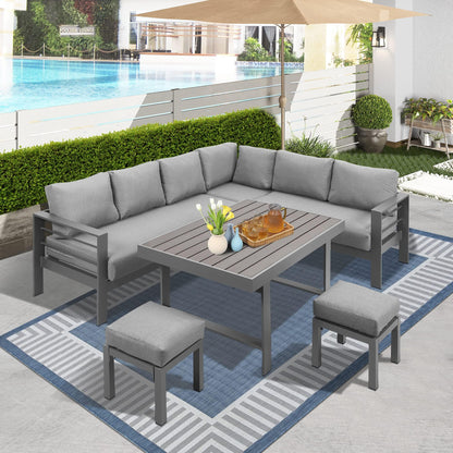 Wisteria Lane Aluminum Outdoor Patio Furniture Set, Metal Outside Patio Furniture Conversation Sets with Dining Table&2 Ottomans, Sectional Sofa Couch Seating Set with Cushion for Backyard - CookCave