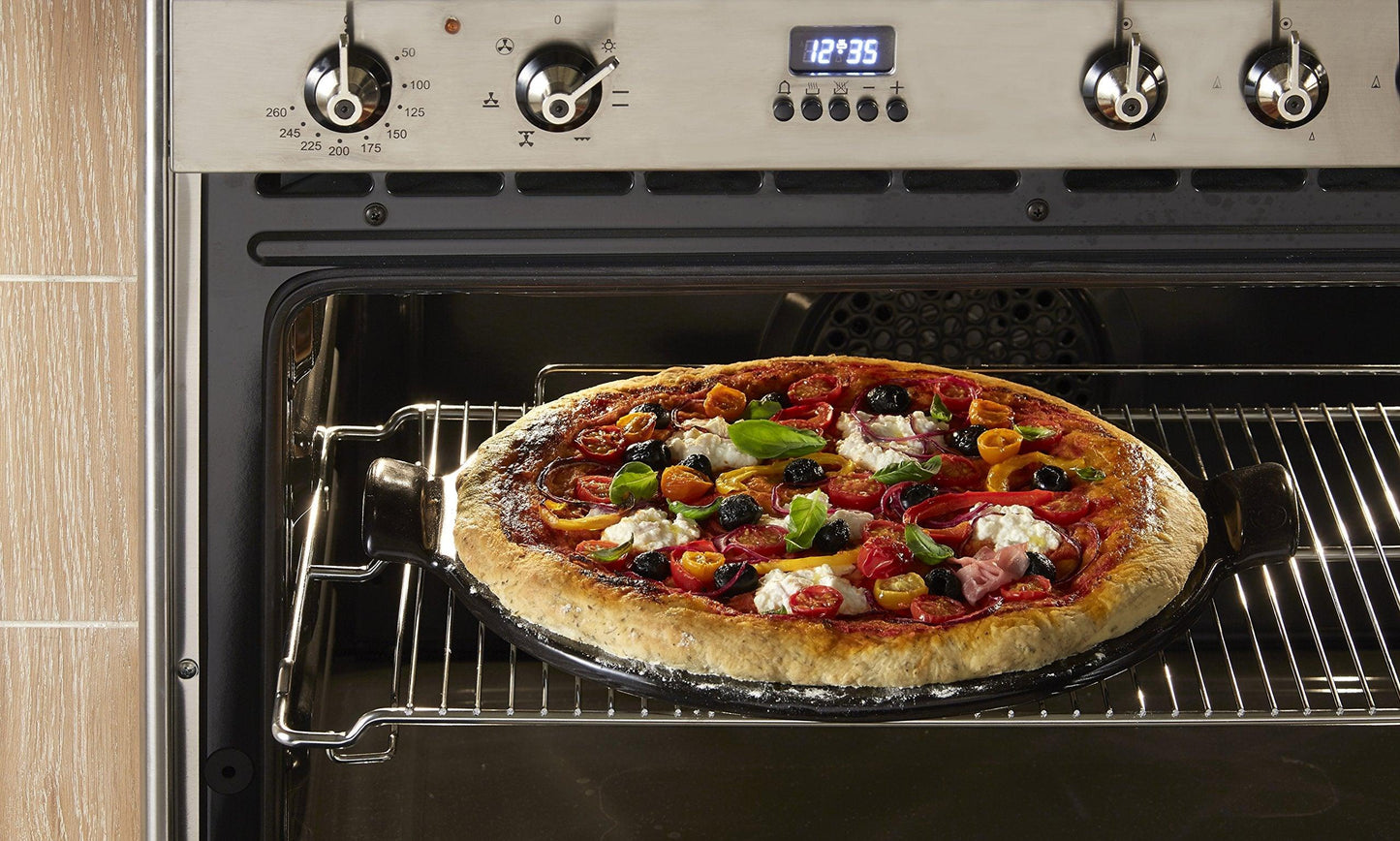 Emile Henry Made in France Flame Top Pizza Stone, Black. Perfect for Pizzas or Breads. In the Oven, On Top of the BBQ. Safe up to 750 degrees F. 100% Natural Clay, Glazed Surface. Easy to Clean. - CookCave