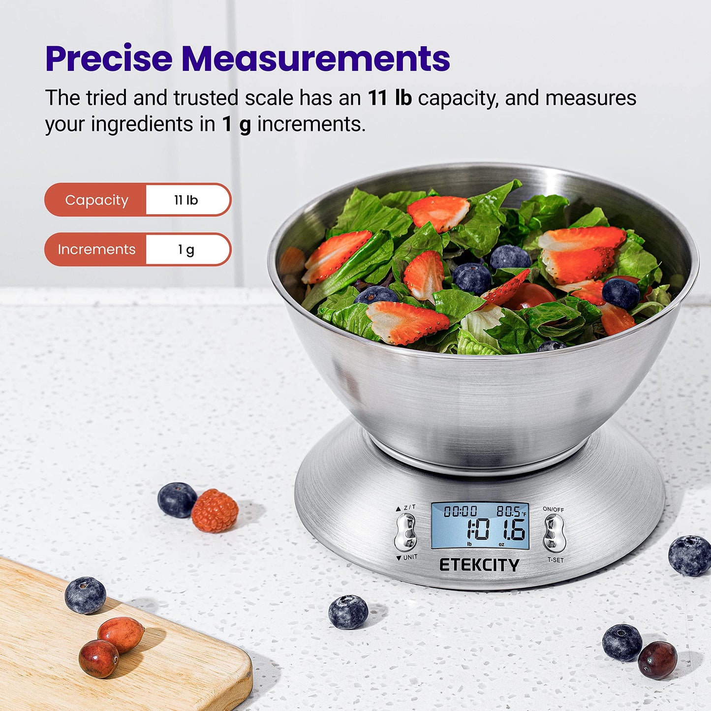 Etekcity Food Kitchen Scale with Bowl, Digital Weight Scale for Food Ounces and Grams, Cooking and Baking, Timer, and Temperature Sensor, 2.06 QT, Stainless Steel - CookCave