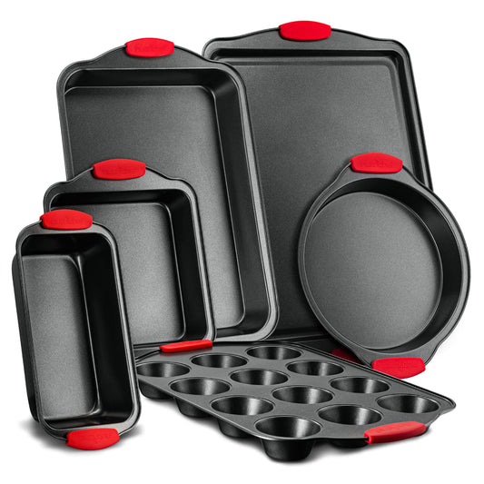 NutriChef 6-Piece Nonstick Bakeware Set - Carbon Steel Baking Tray Set w/ Heatsafe Red Silicone Handles, Oven Safe Up to 450°F, Loaf Muffin Round/Square Pans, Cookie Sheet, Baking Pan -NCSBS6S,Black - CookCave