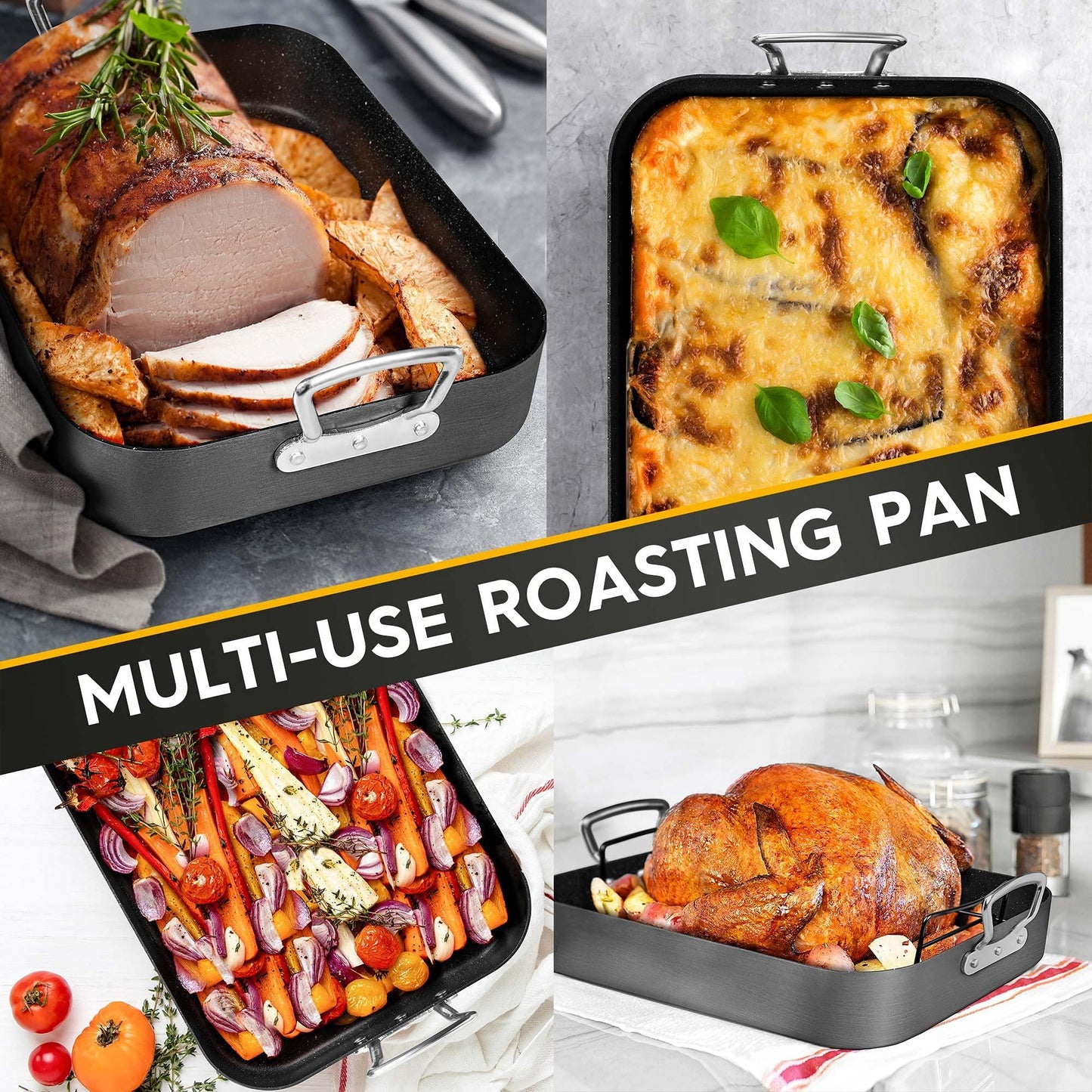 MICHELANGELO Roasting Pan with Rack, Hard Anodized Turkey Roaster Pan, Large Turkey Roasting Pan for Oven, Nonstick Rectangular Roaster Pan with Rack, 16 Inch x 12 Inch - CookCave