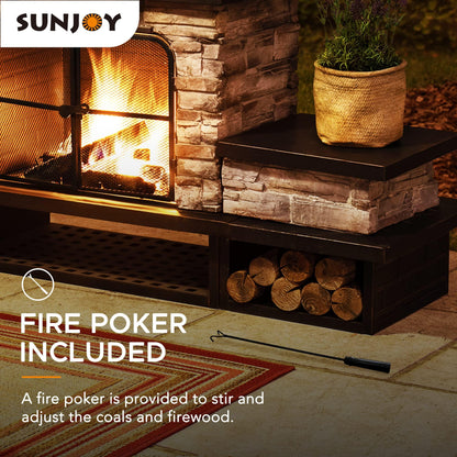 Sunjoy Outdoor Fireplace, Patio Wood Burning Fireplace with Steel Chimney, Mesh Spark Screen Doors, Fire Poker, and Removable Grate, Copper and Black - CookCave