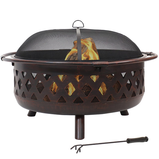 Sunnydaze Bronze Crossweave Wood-Burning Fire Pit - Includes Spark Screen, Fireplace Poker, and Round Cover - 36-Inch - CookCave