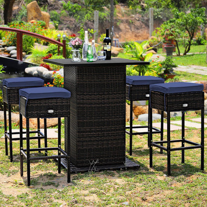 Tangkula 5 Piece Outdoor Rattan Bar Set, Patio Bar Furniture with 4 Cushions Stools and Smooth Top Table with Hidden Storage Shelf, Outdoor Conversation Set for Poolside, Backyard, Lawn (Navy Blue) - CookCave