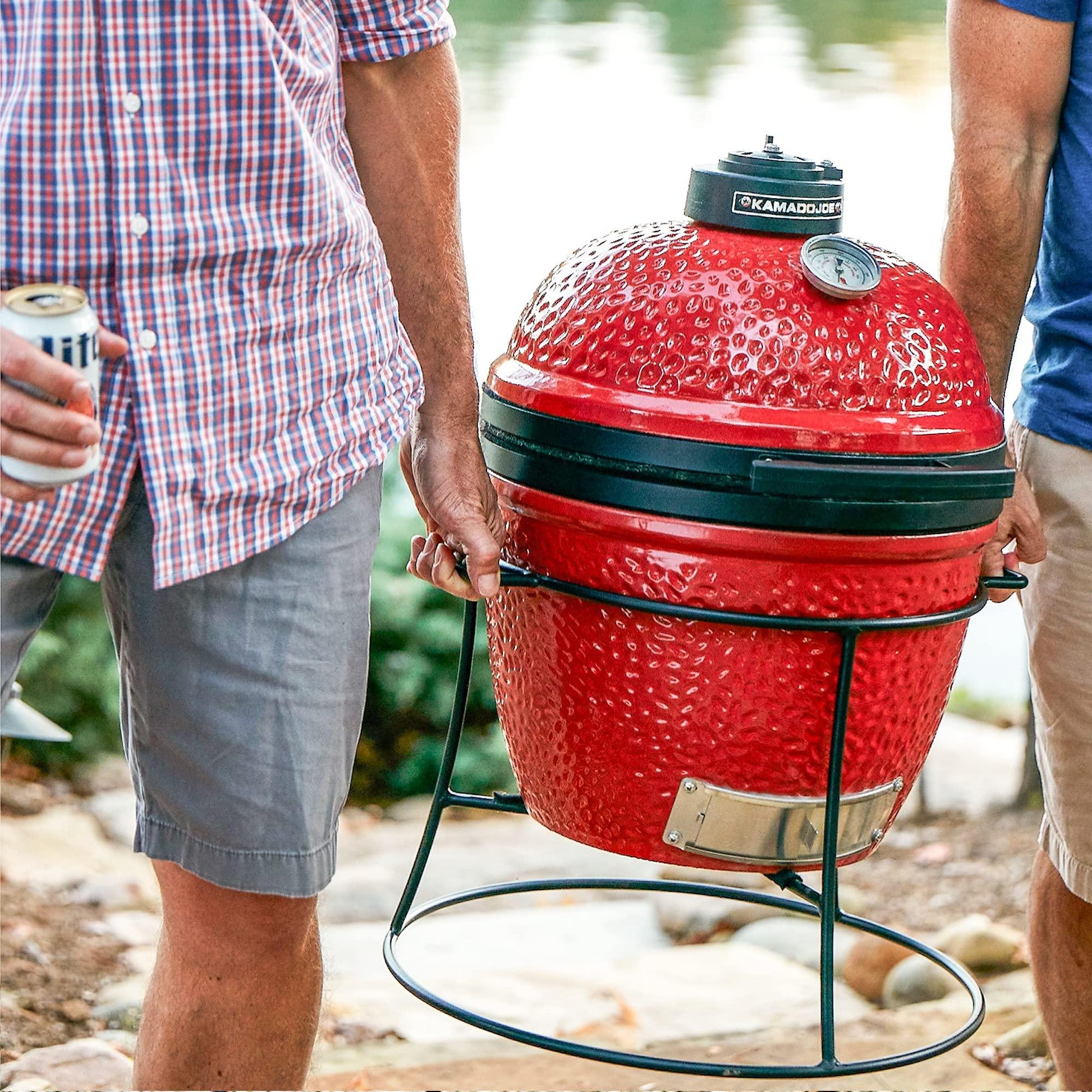 Kamado Joe KJ13RH Joe Jr. 13.5 inch Portable Charcoal Grill with Cast Iron Cart and Heat Deflectors, Blaze Red - CookCave