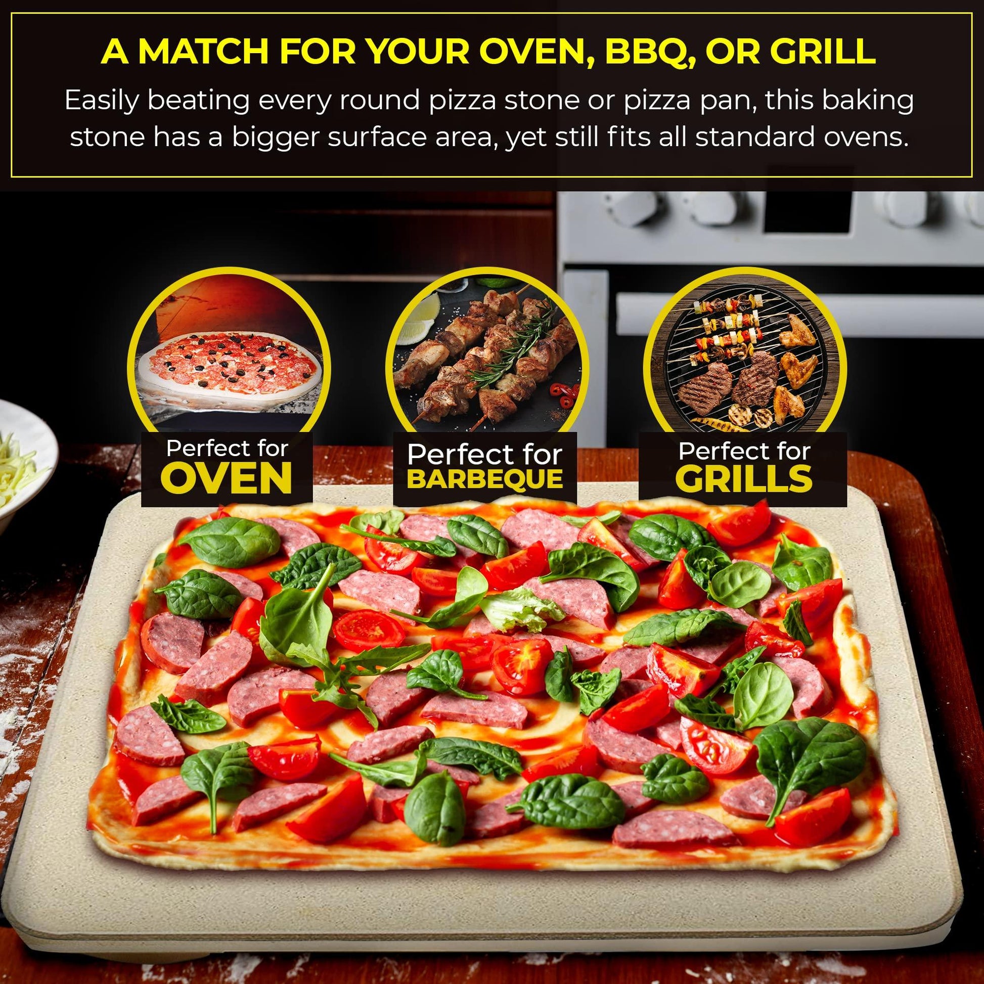 Pizza Stone - Baking Stone. SOLIDO Rectangular 14"x16" - Perfect for Oven, BBQ and Grill - CookCave