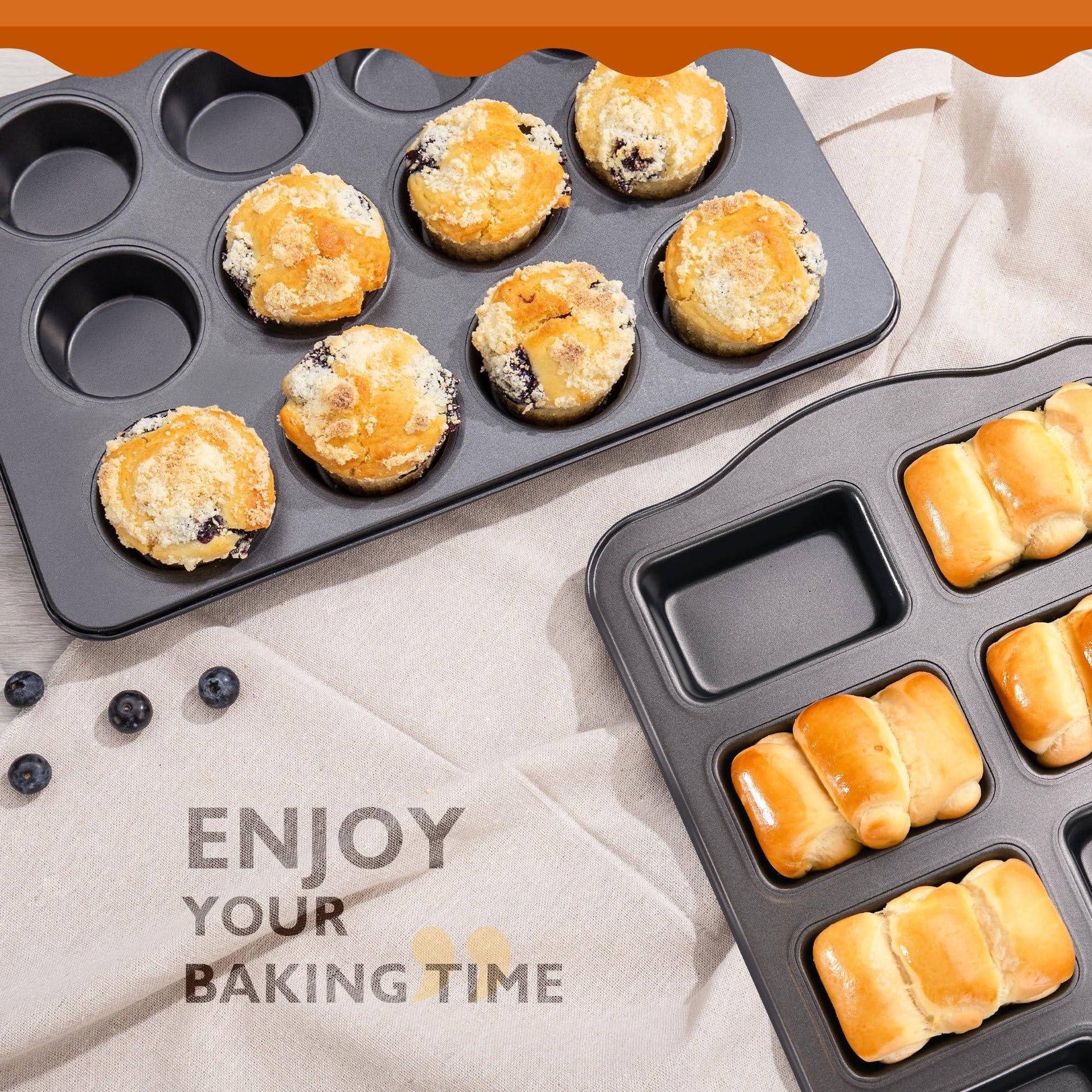 HONGBAKE Nonstick Muffin Pan 12 Cup and Mini Loaf Pans 8 Cavity, Cupcake Tin for Baking and Small Banana Bread Tray - Grey - CookCave