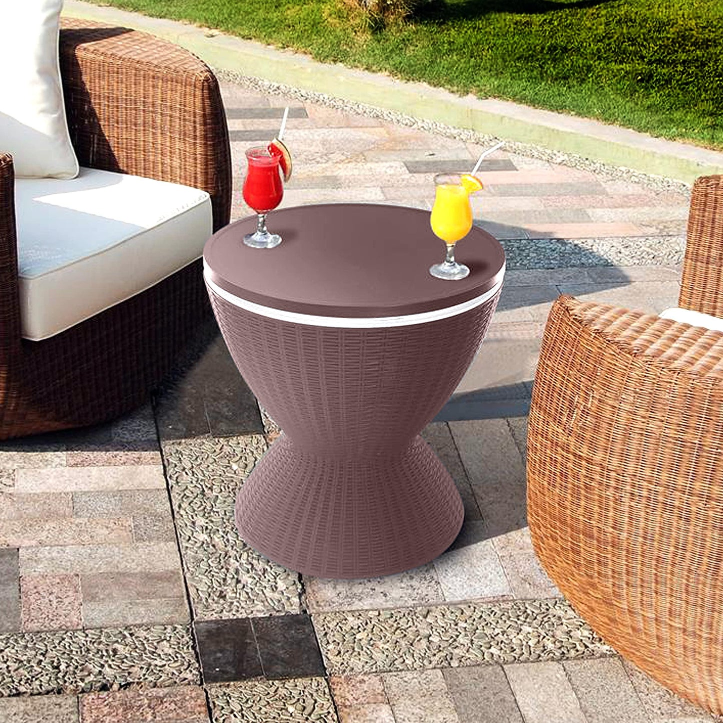 SereneLife Outdoor Cool Bar Table, 7.5 Gallon Beer and Wine Cooler, Patio Furniture & Hot Tub Side Table, Beverage Cooler, All-Weather Resistant Ice Cool Bar, Rattan Style Patio, Cocktail Bar (Grey) - CookCave