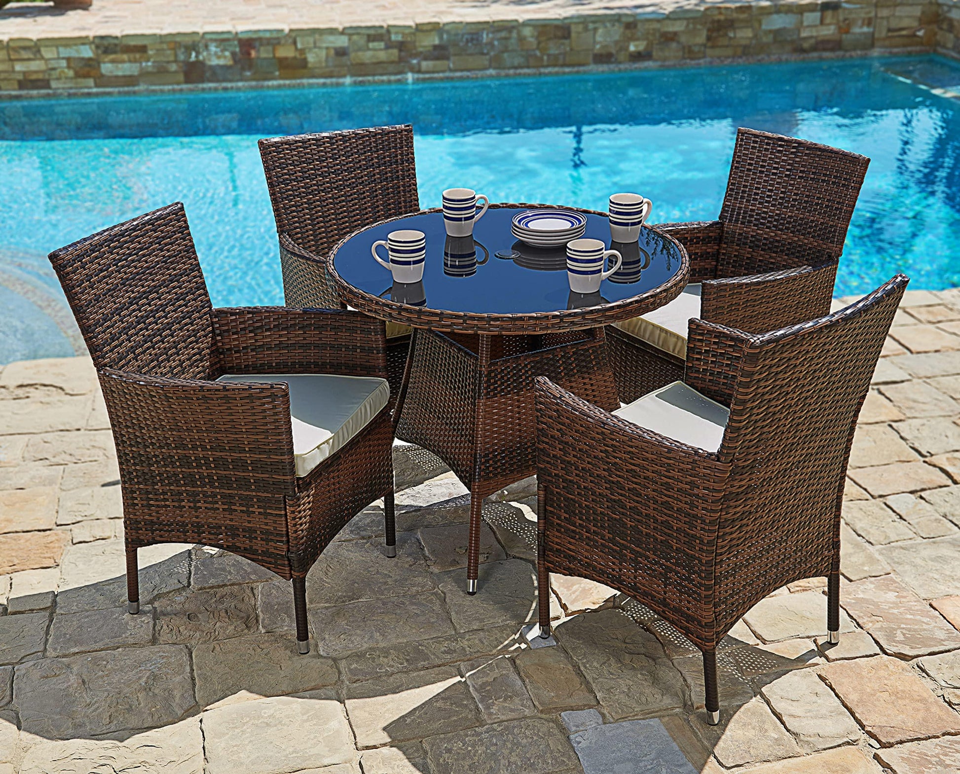 SUNCROWN 5 Piece Outdoor Dining Set All-Weather Wicker Patio Dining Table and Chairs with Cushions, Round Tempered Glass Tabletop with Umbrella Cutout for Patio Backyard Porch Garden Poolside - CookCave