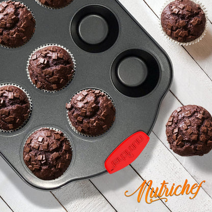 NutriChef 6-Piece Nonstick Bakeware Set - Carbon Steel Baking Tray Set w/ Heatsafe Red Silicone Handles, Oven Safe Up to 450°F, Loaf Muffin Round/Square Pans, Cookie Sheet, Baking Pan -NCSBS6S,Black - CookCave