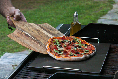 Advanced Pizza Stone for Oven and Grill - Easy Clean Ceramic Coated Non Stick Stone, Wooden Pizza Peel Paddle & Pizza Cutter Set - Detachable Serving Handle - BBQ Grilling Accessories - 15" Large - CookCave