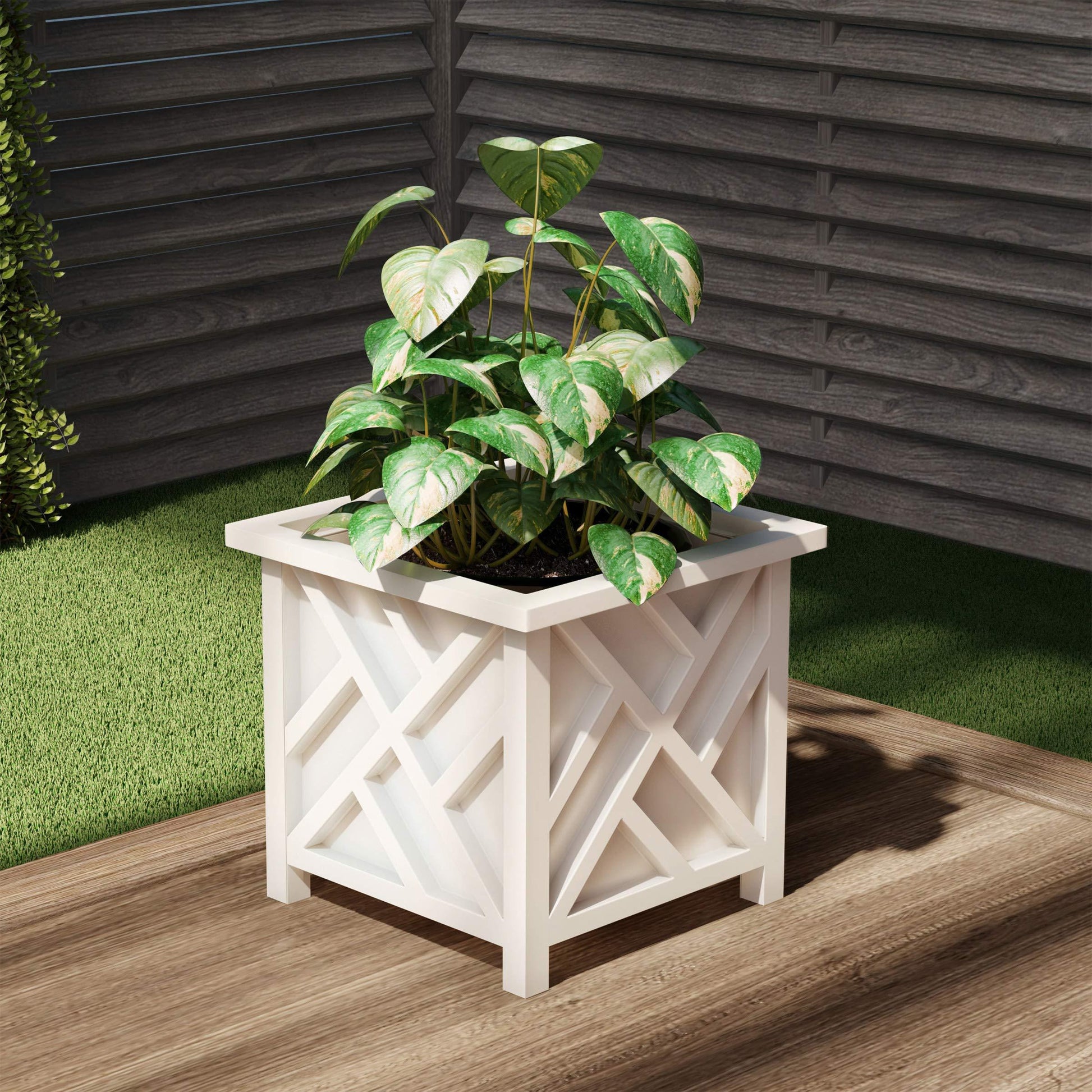 Lattice Design Planter Box – 14.75-Inch-Square Decorative Outdoor Flower or Plant Pot – Front Porch, Patio, and Garden Decor by Pure Garden (White) - CookCave