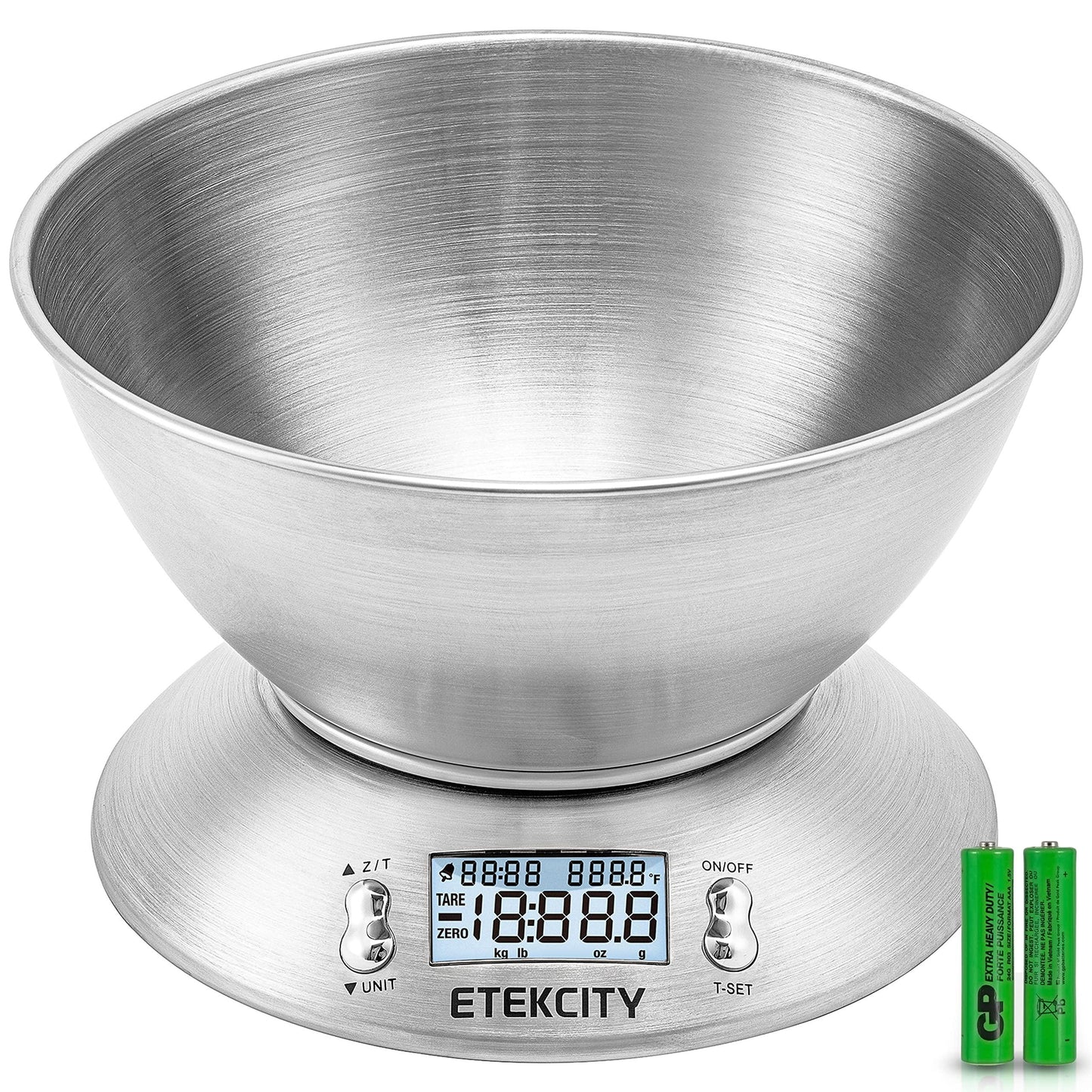 Etekcity Food Kitchen Scale with Bowl, Digital Weight Scale for Food Ounces and Grams, Cooking and Baking, Timer, and Temperature Sensor, 2.06 QT, Stainless Steel - CookCave