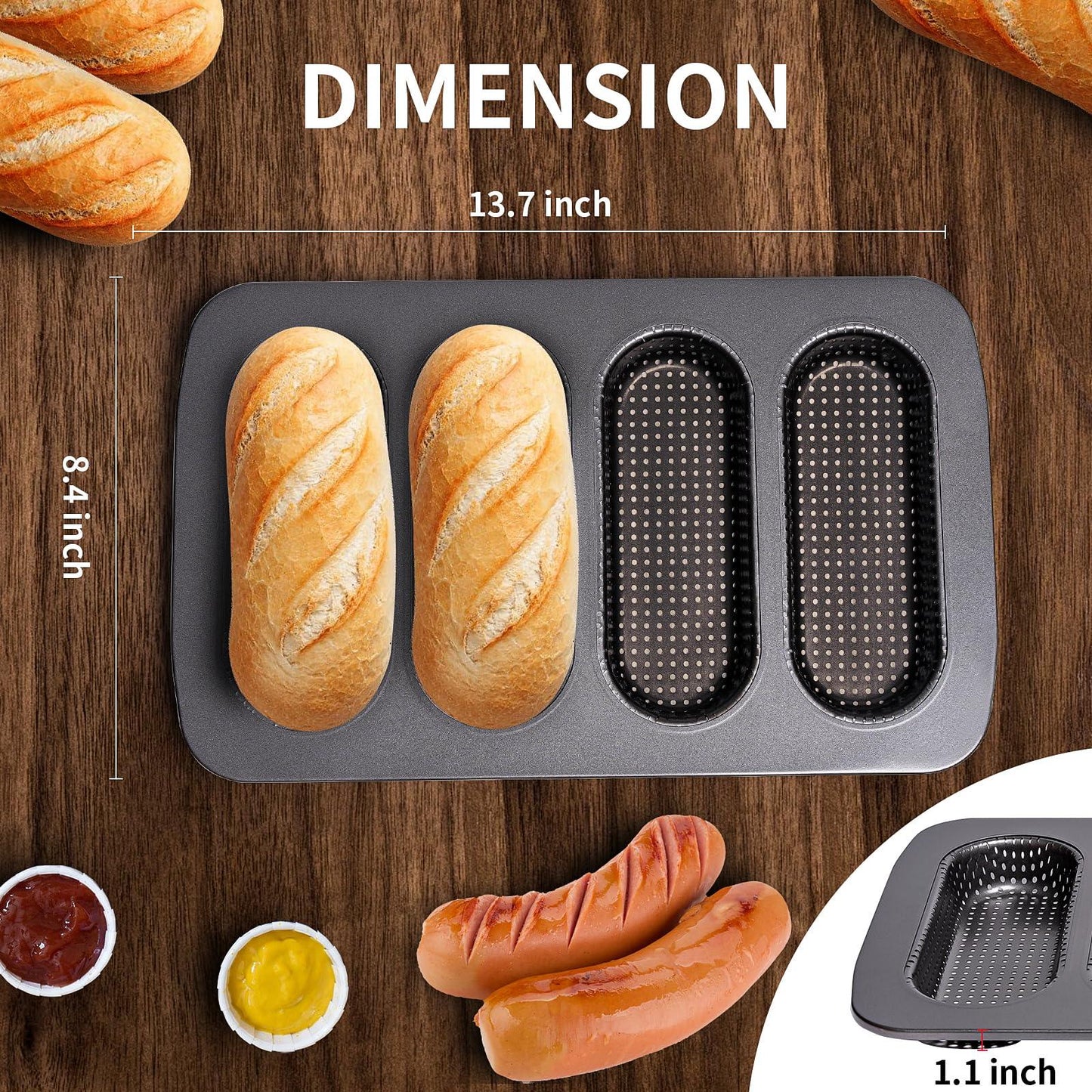 Yomvzake Hot Dot Bun Pan Set of 2, Perforated Carbon Steel Non-Stick Hotdog Bun Mold Bread Forms Crispy Mini Baguette Sandwich Baking Tray for Hot Dog Bun Rolls - CookCave