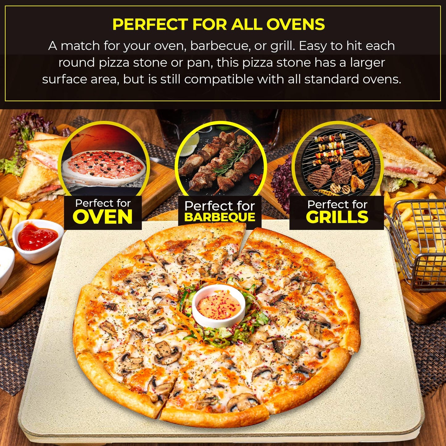 Pizza Stone - Baking Stone. SOLIDO Rectangular 14"x16" - Perfect for Oven, BBQ and Grill - CookCave