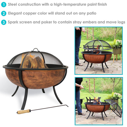 Sunnydaze 32-Inch Steel Fire Pit Bowl - Includes Spark Screen, Wood Grate, and Poker - High-Temperature Copper Finish - CookCave