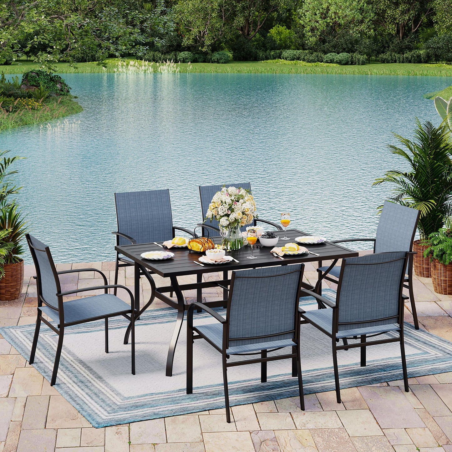 MIXPATIO Outdoor Patio Dining Set 7 Piece Furniture Set with 6 Blue Textilene Chairs and Metal Rectangular Table for Deck Garden Backyard Lawn Poolside - CookCave