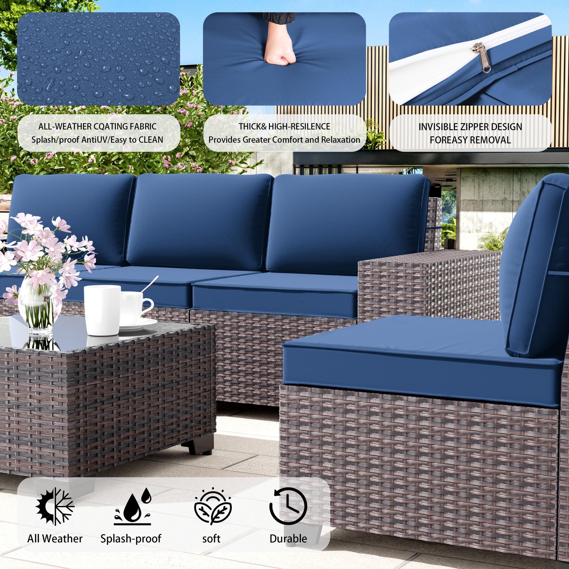 RTDTD Outdoor Patio Furniture Set, 6 Pieces Outdoor Furniture All Weather Patio Sectional Sofa PE Wicker Modular Conversation Sets with Coffee Table,5 Chairs & Seat Clips Dark Blue - CookCave