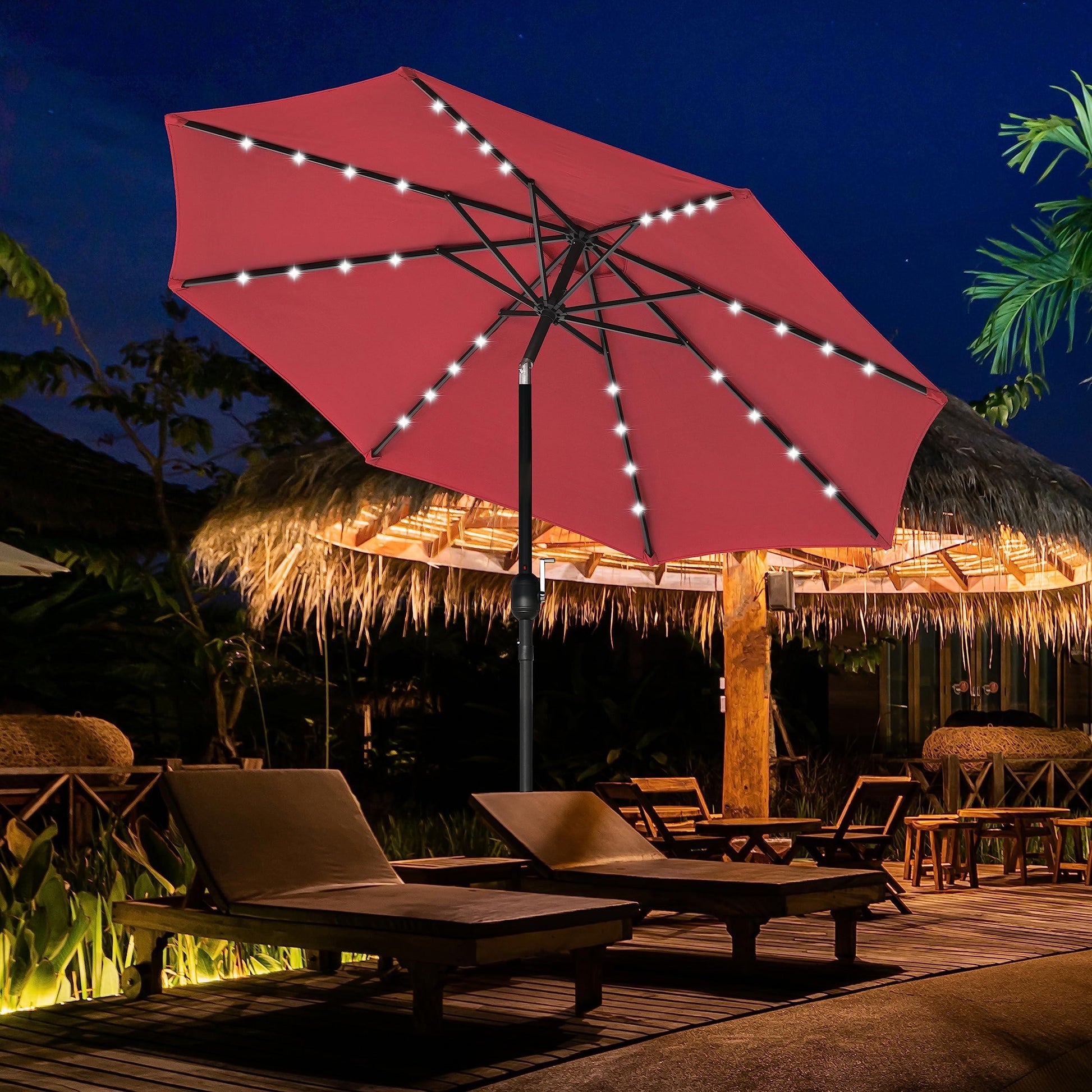 YSSOA 9' Solar 32 Lighted Patio Table Market Push Button Tilt/Crank Outdoor Umbrella for Garden, Deck, Backyard and Pool, 9ft-LED, Red—LED - CookCave