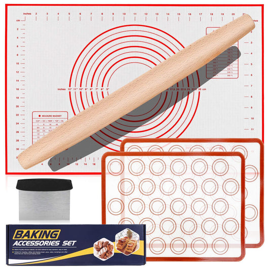 Rolling-Pin-Silicone-Baking-Mats-Set, Nonstick Dough Rolling Pastry Mat for Cookie Macaroon Pie Crust Pizza, Heat-resistant Silicone Baking Sheets for Oven, Silicon Macaroons Baking Mats - CookCave