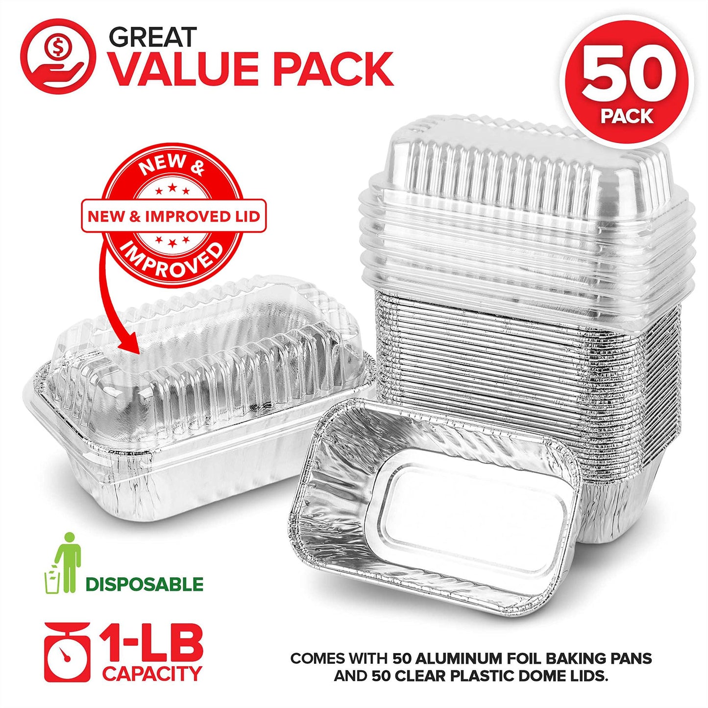 Stock Your Home Disposable Aluminum Mini Loaf Pans with Lids, 1 lb (50 Pack) New & Improved Plastic Dome Lid Foil Baking Tins, Tin Pans for Cake, Bread, Holiday Baked Goods Packaging - CookCave