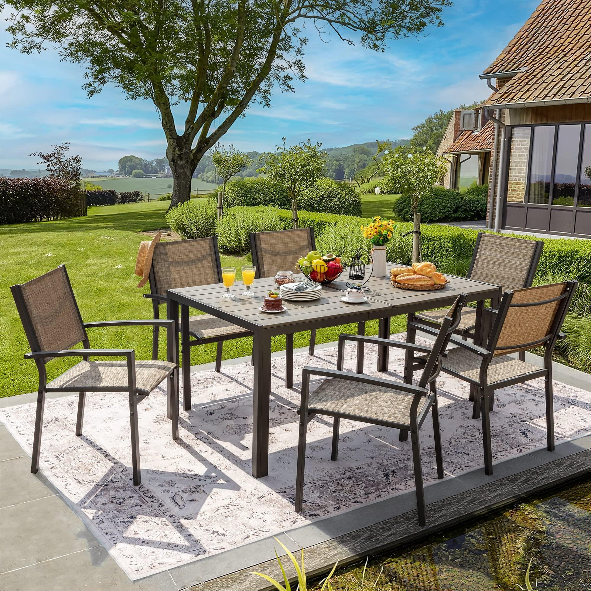 Flamaker Patio Dining Set 7 Piece Metal Frame Outdoor Furniture with 6 Textilene Chairs and Rectangular Table Family Kitchen Conversation Set for Backyard, Lawn, Terrace (Brown) - CookCave
