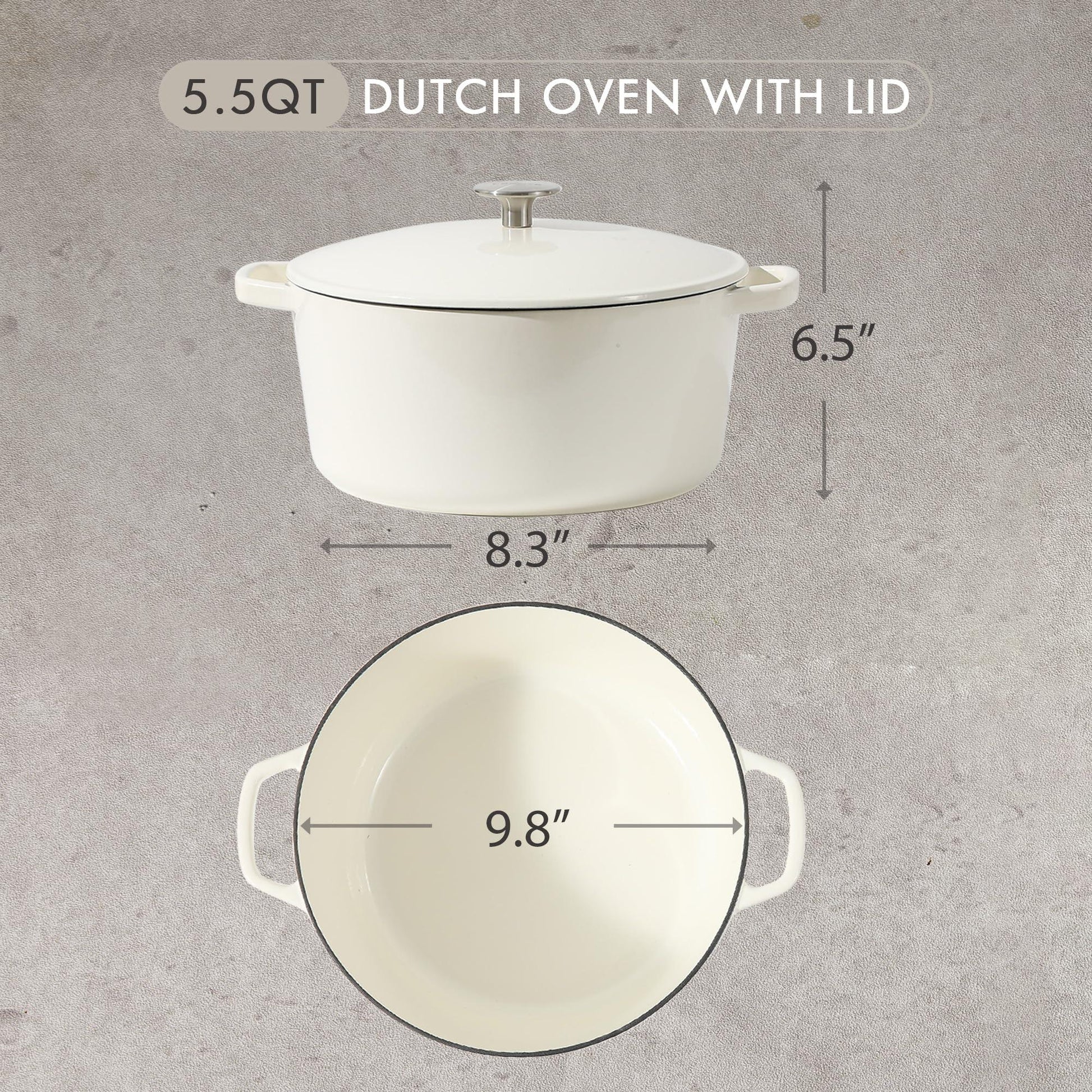 CAROTE 5.5Qt Enamel Cast Iron Dutch Oven Pot With Lid, Oven Safe Up to 500°F, with Large Handle Metal Knob, Cast Iron Pot for Sourdough Bread Stew Roast Braise, Easy Cleaning, Cream White - CookCave