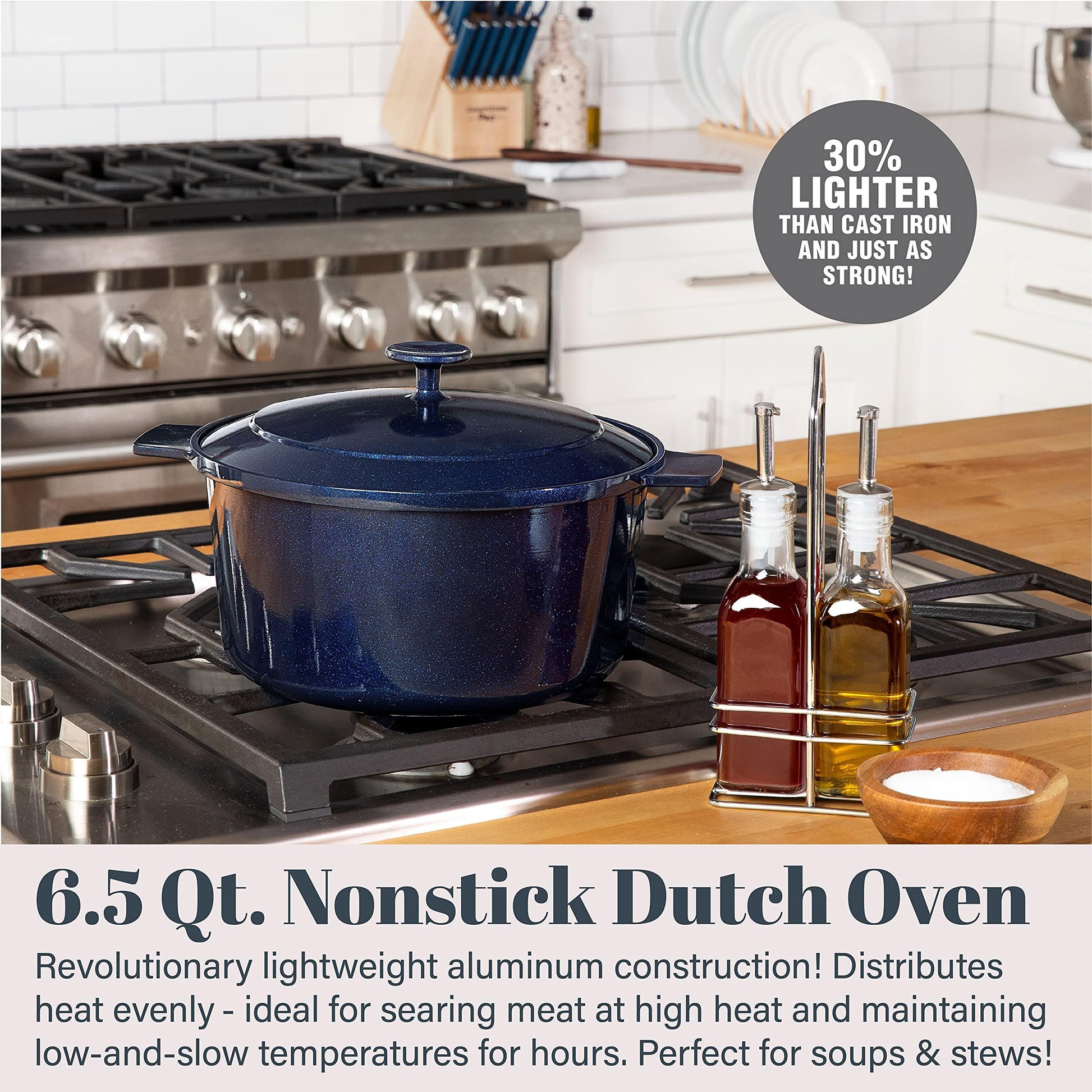 Granitestone Dutch Oven, 6.5 Quart Ultra Nonstick Enameled Lightweight Aluminum Dutch Oven Pot with Lid, Round 6.5 Qt. Stock Pot, Dishwasher & Oven Safe, Induction Capable, 100% PFOA Free, Cobalt Blue - CookCave